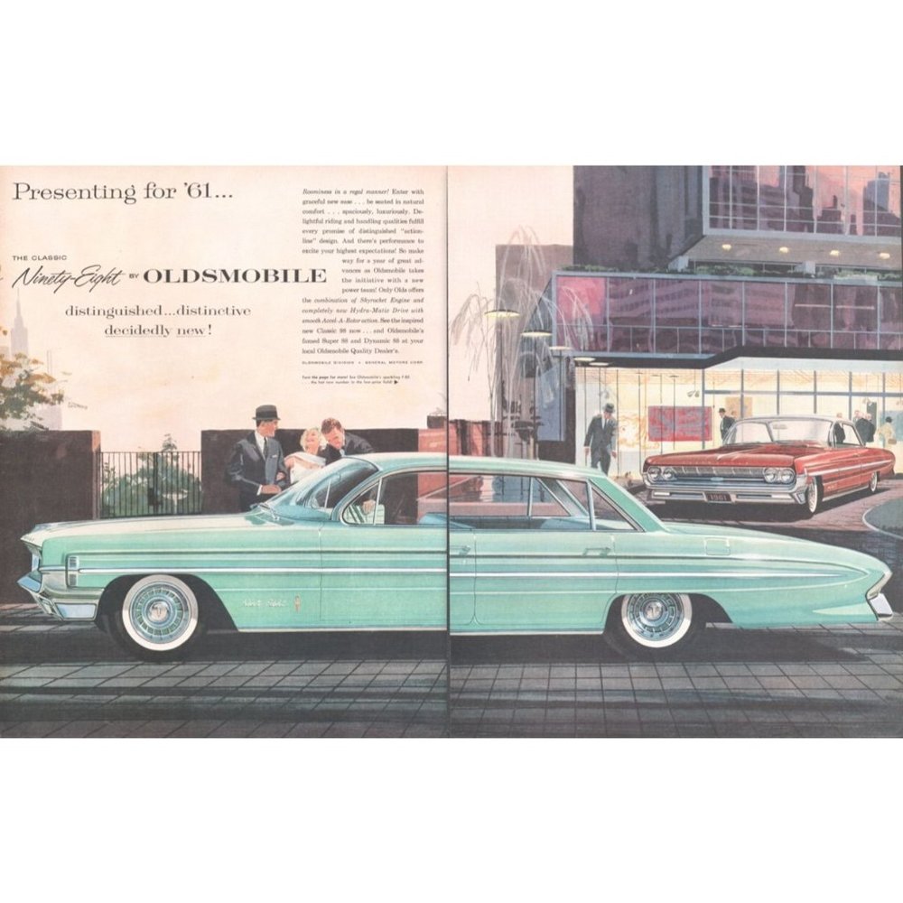 1961 Oldsmobile Ninety Eight 98 Sedan 2 Page Vintage Print Ad Modern Building